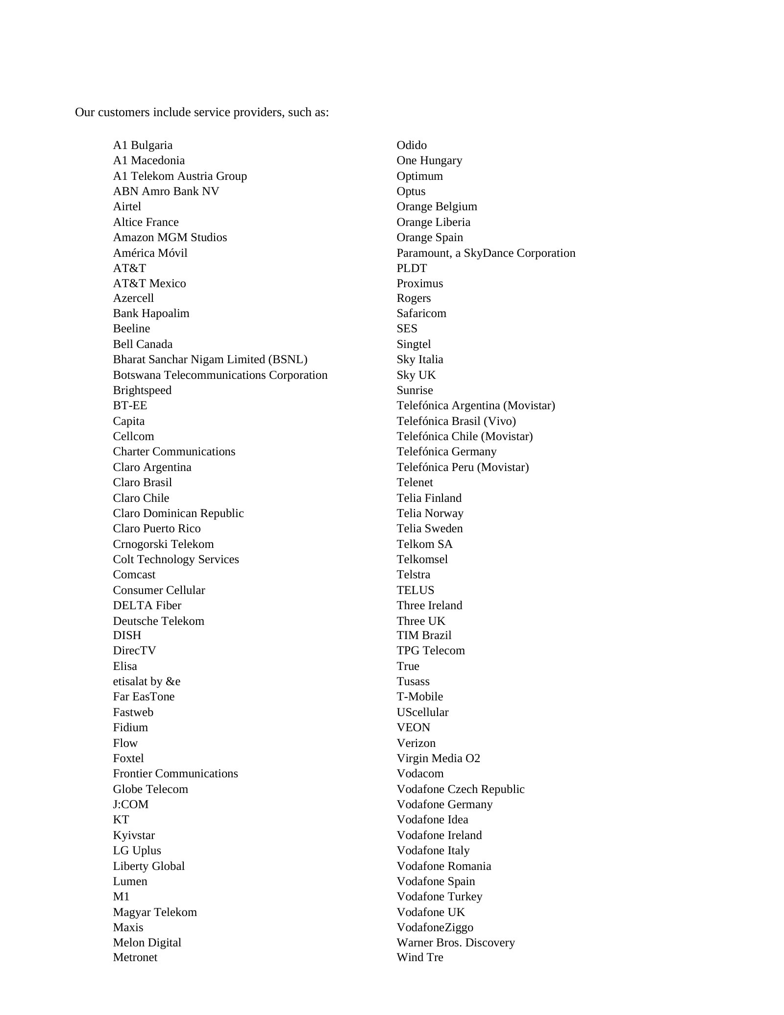 Customer roster — the world's tier-one telcos (AT&T, Verizon, T-Mobile, Vodafone, Telefónica, Comcast, Charter).